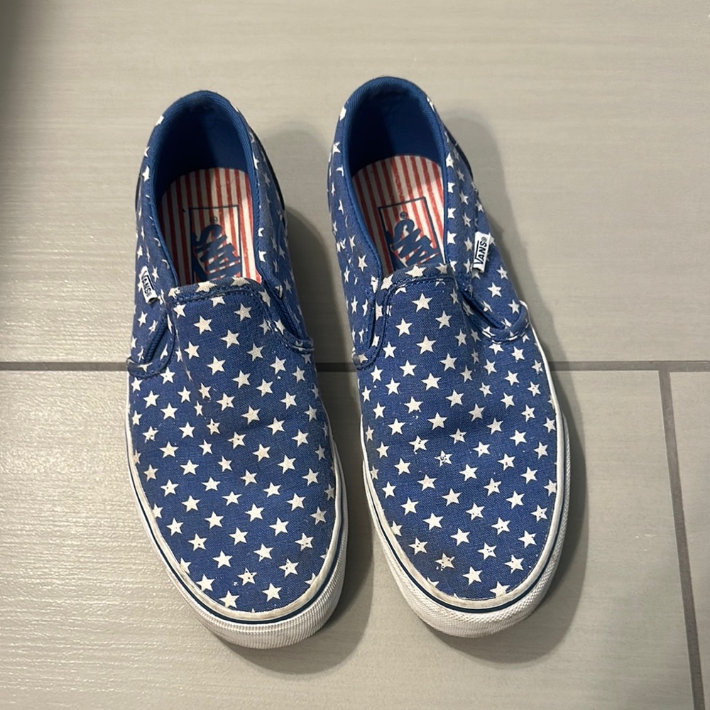 Vans Blue and White Canvas Slip-On Sneakers